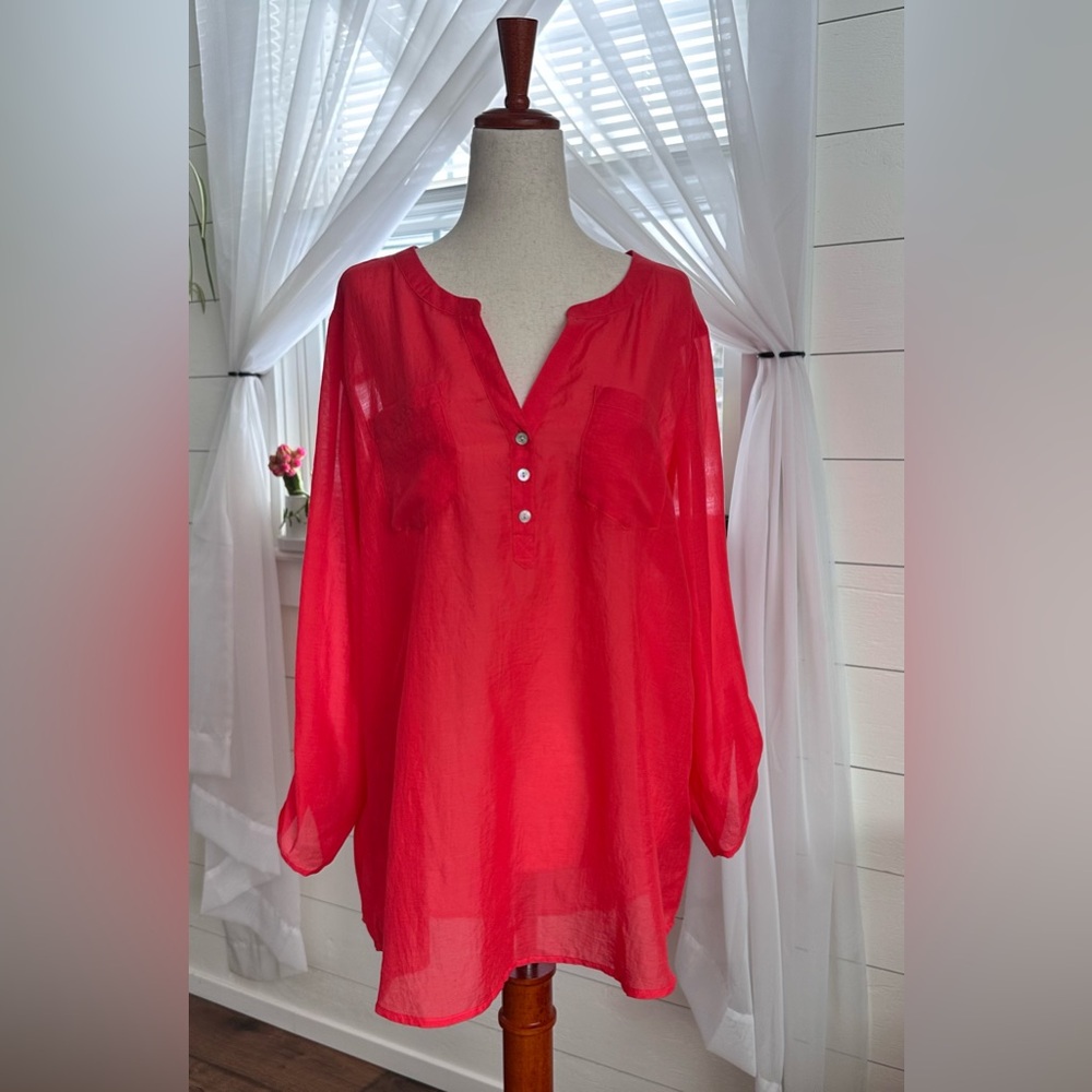 Express sheer coral quarter button-down tunic blouse
Size: Large